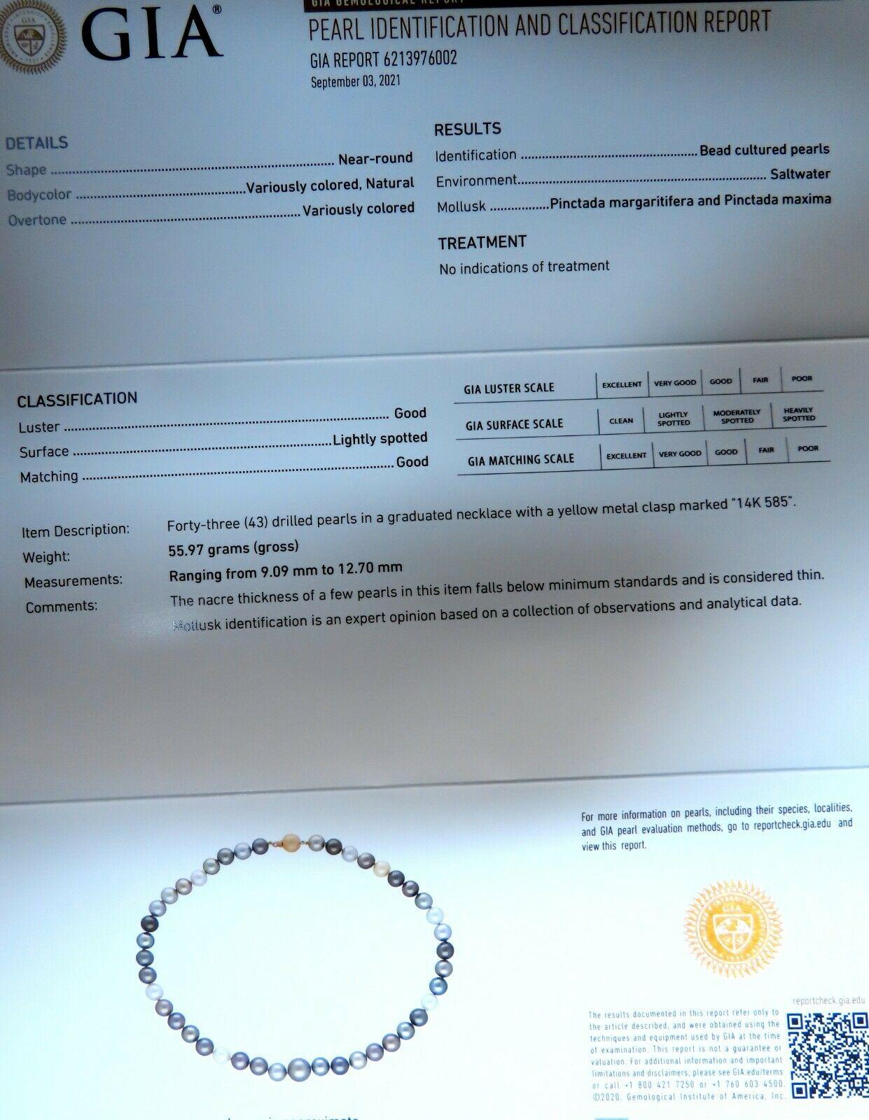 Non taillé Collier de perles d'eau salée multicolores naturelles de Tahiti 14 carats certifiées par le GIA en vente
