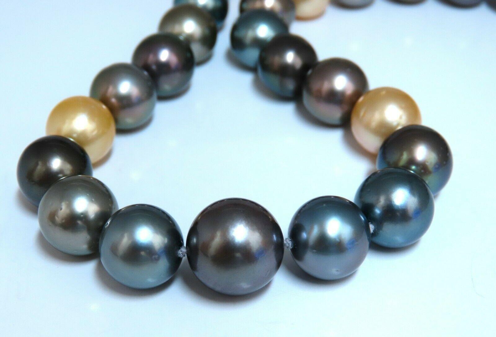 GIA Certified Natural Multicolor Tahitian Saltwater Pearls Necklace 13.5m 14k In New Condition For Sale In New York, NY