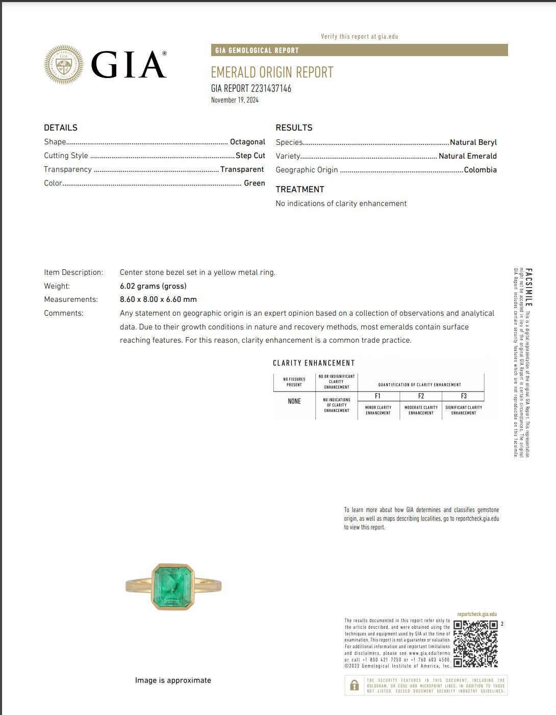 Women's GIA Certified Natural No Oil Columbian Emerald 18 Karat Yellow Gold Ring For Sale