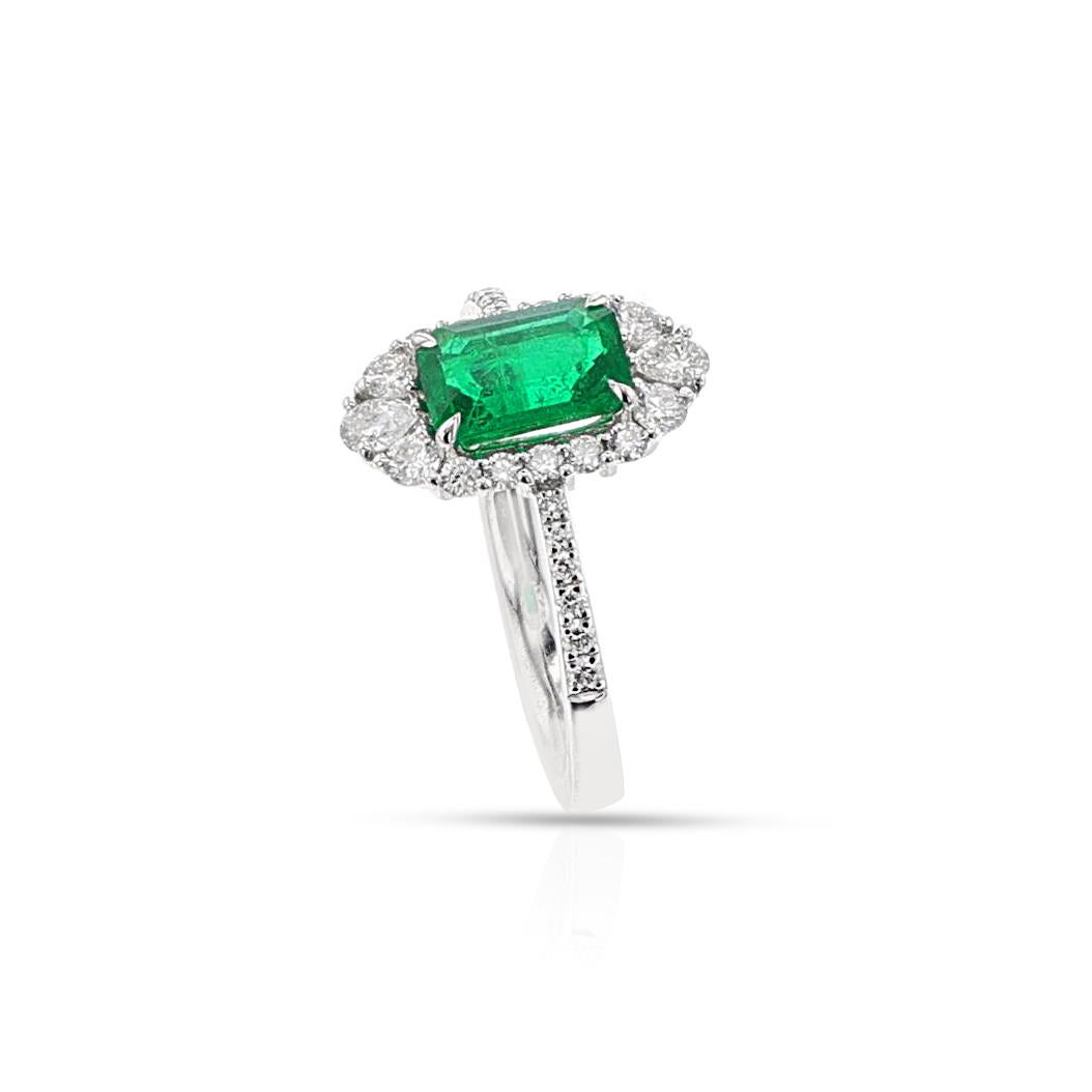 Octagon Cut GIA Certified Natural Octagonal Step-Cut Emerald and Diamond Ring, 18k For Sale