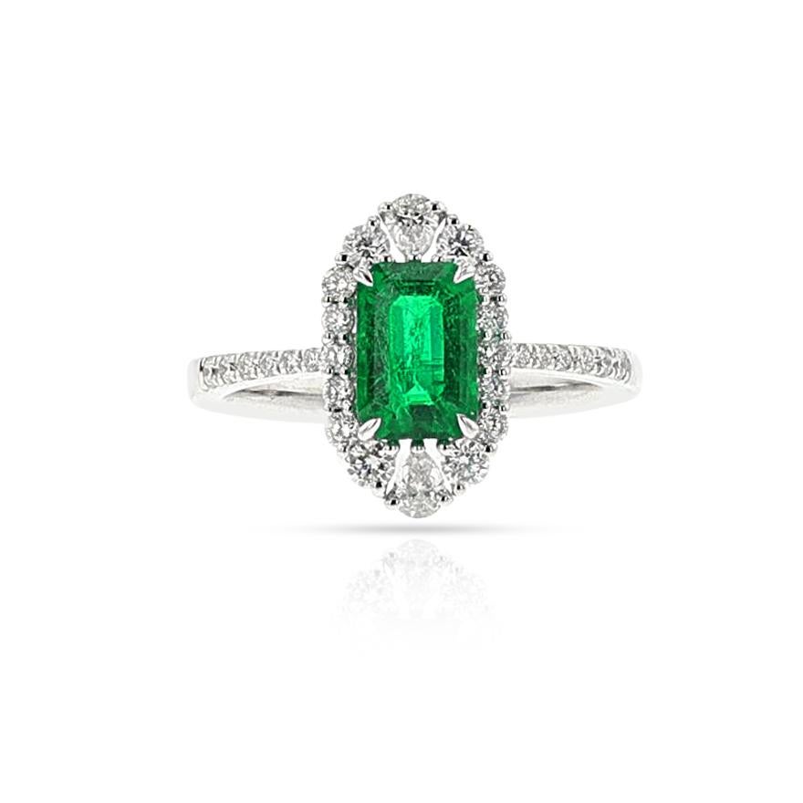 GIA Certified Natural Octagonal Step-Cut Emerald and Diamond Ring, 18k In Excellent Condition For Sale In New York, NY