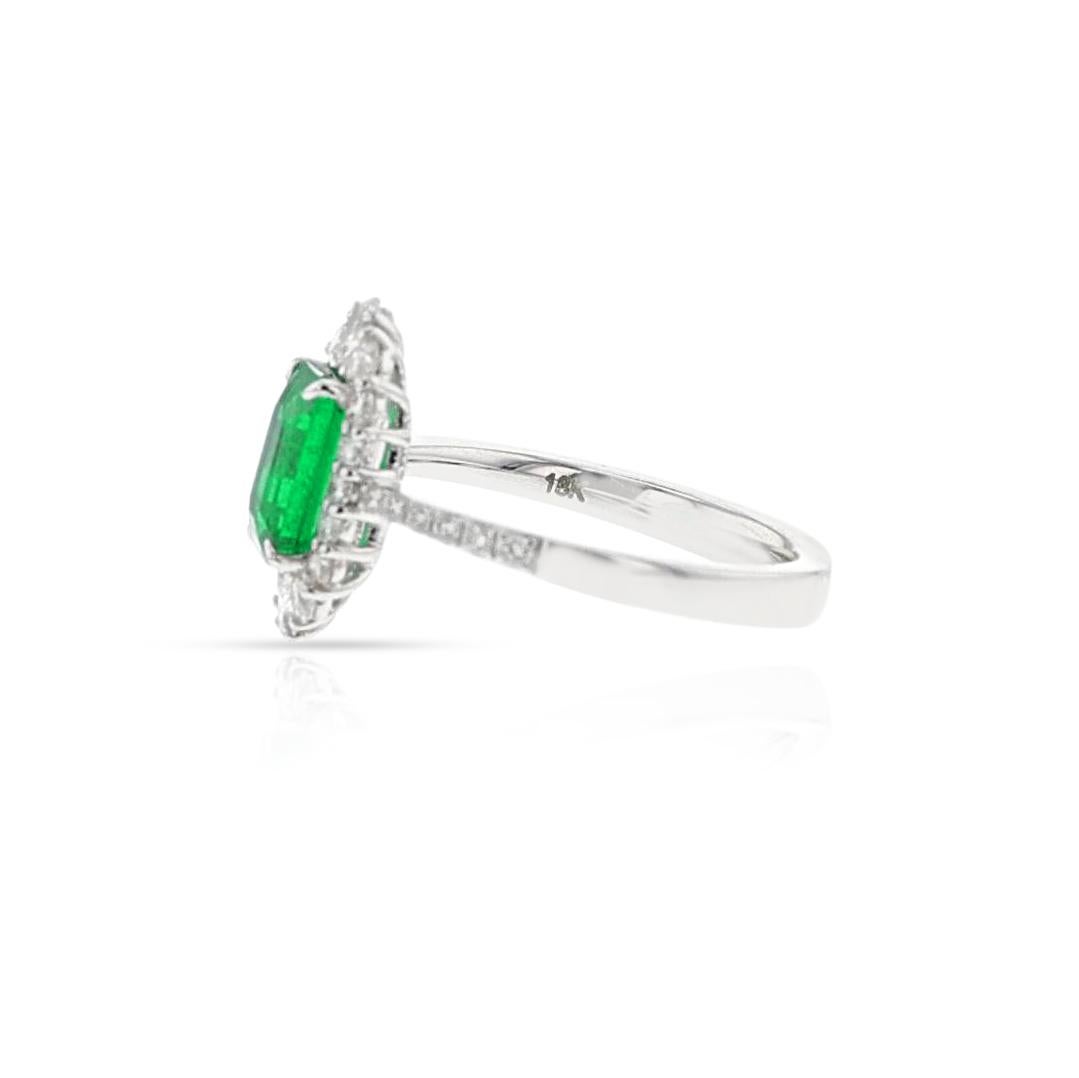 GIA Certified Natural Octagonal Step-Cut Emerald and Diamond Ring, 18k In Excellent Condition For Sale In New York, NY