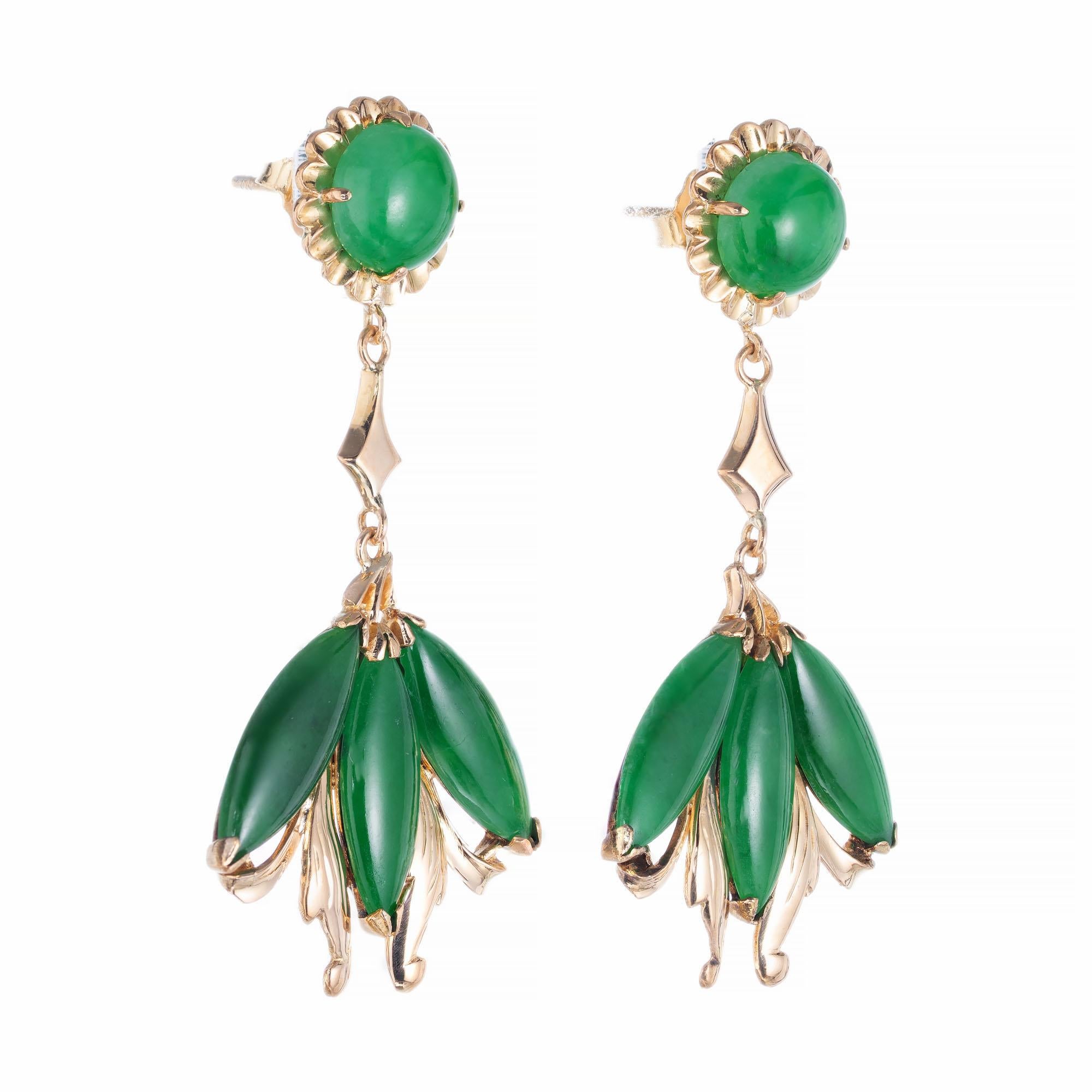 Green natural untreated Omphacite Jadeite Jade GIA certified natural untreated handmade 22k yellow gold dangle chandelier earrings. 18k earring backs.

22k & 18k yellow gold
6 Marquise cabochon bright green translucent Jadeite Jade, 12.44 x 4.44 x