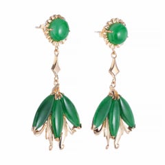 GIA Certified Natural Omphacite Jadeite Jade Gold Dangle Chandelier Earrings