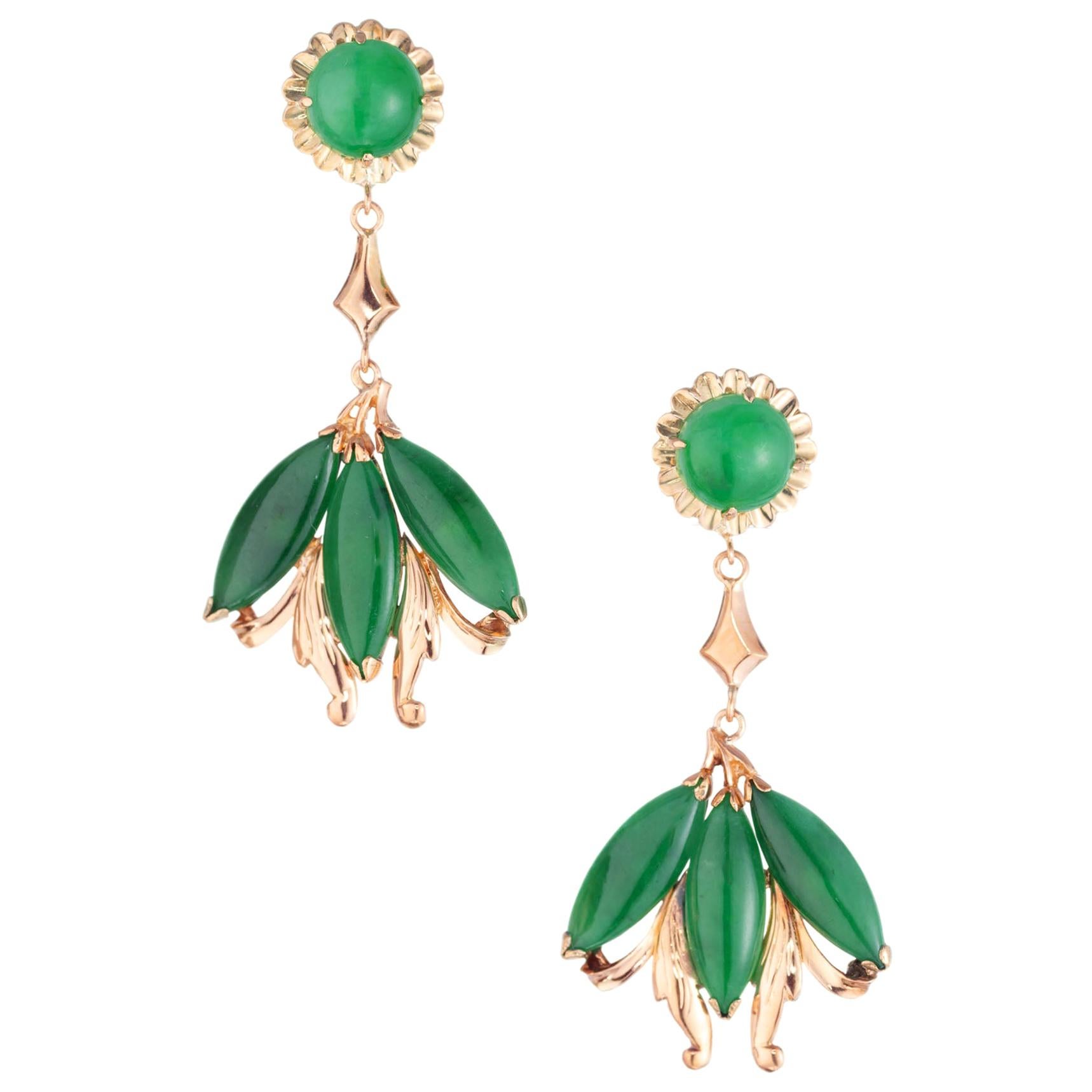 GIA Certified Natural Omphacite Jadeite Jade Gold Dangle Chandelier Earrings For Sale