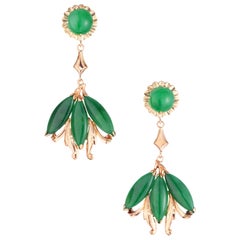 Retro GIA Certified Natural Omphacite Jadeite Jade Gold Dangle Chandelier Earrings