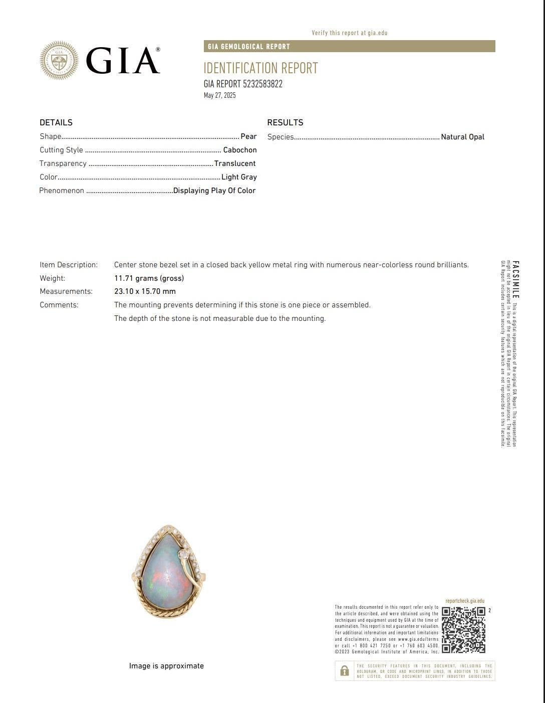 Anello di opale naturale certificato GIA - Cabochon grigio chiaro 23x15 mm, vibrante gioco di colori, misura 8,25, 11,71 g

Fai una dichiarazione con questo audace e bellissimo anello in oro giallo 14k con opale naturale certificato GIA, che mostra