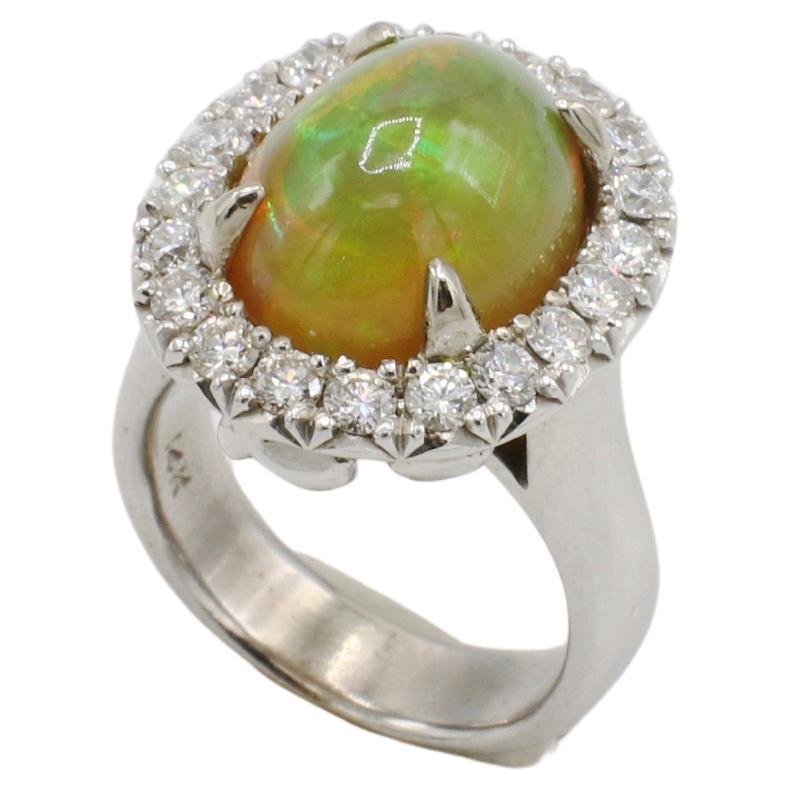 Cabochon GIA Certified Natural Fire Opal & Diamond Halo Dome Cocktail Statement Ring For Sale