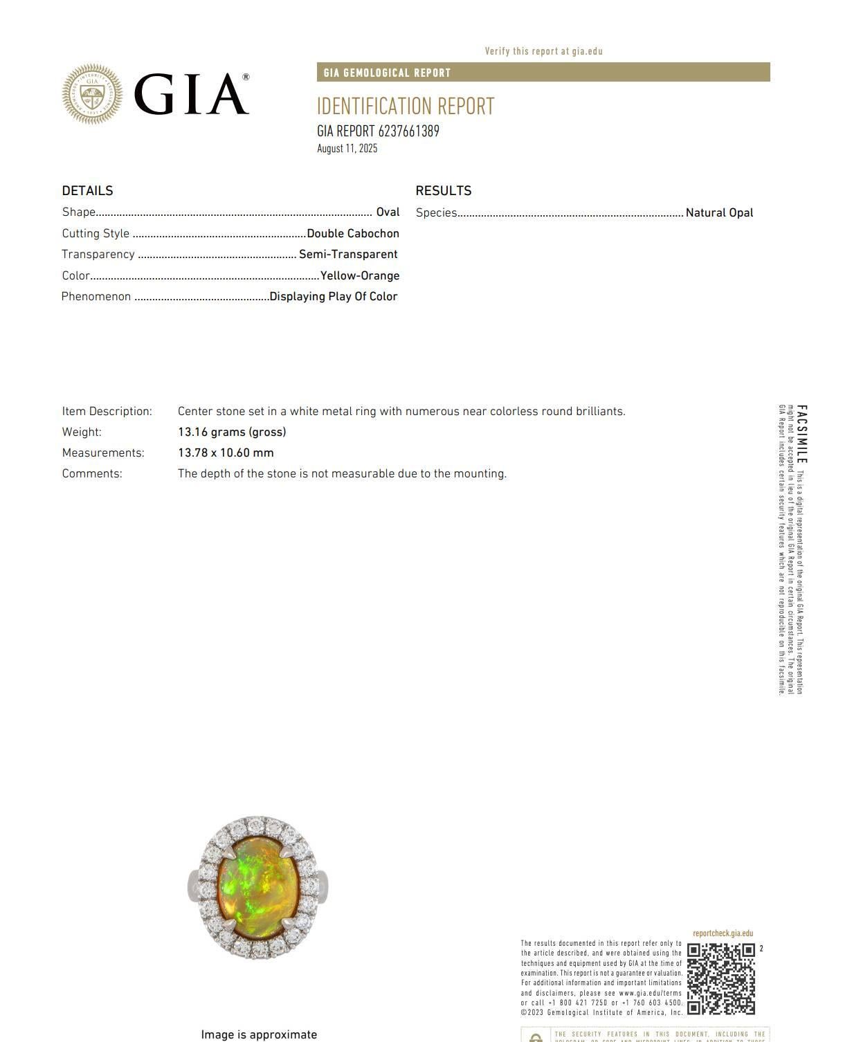 GIA Certified Natural Fire Opal & Diamond Halo Dome Cocktail Statement Ring For Sale 1