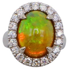 GIA Certified Natural Fire Opal & Diamond Halo Dome Cocktail Statement Ring