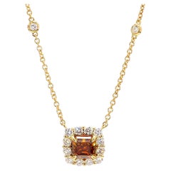 GIA Certified Natural Orange Asscher Diamond 1.59 Carat TW Gold Necklace