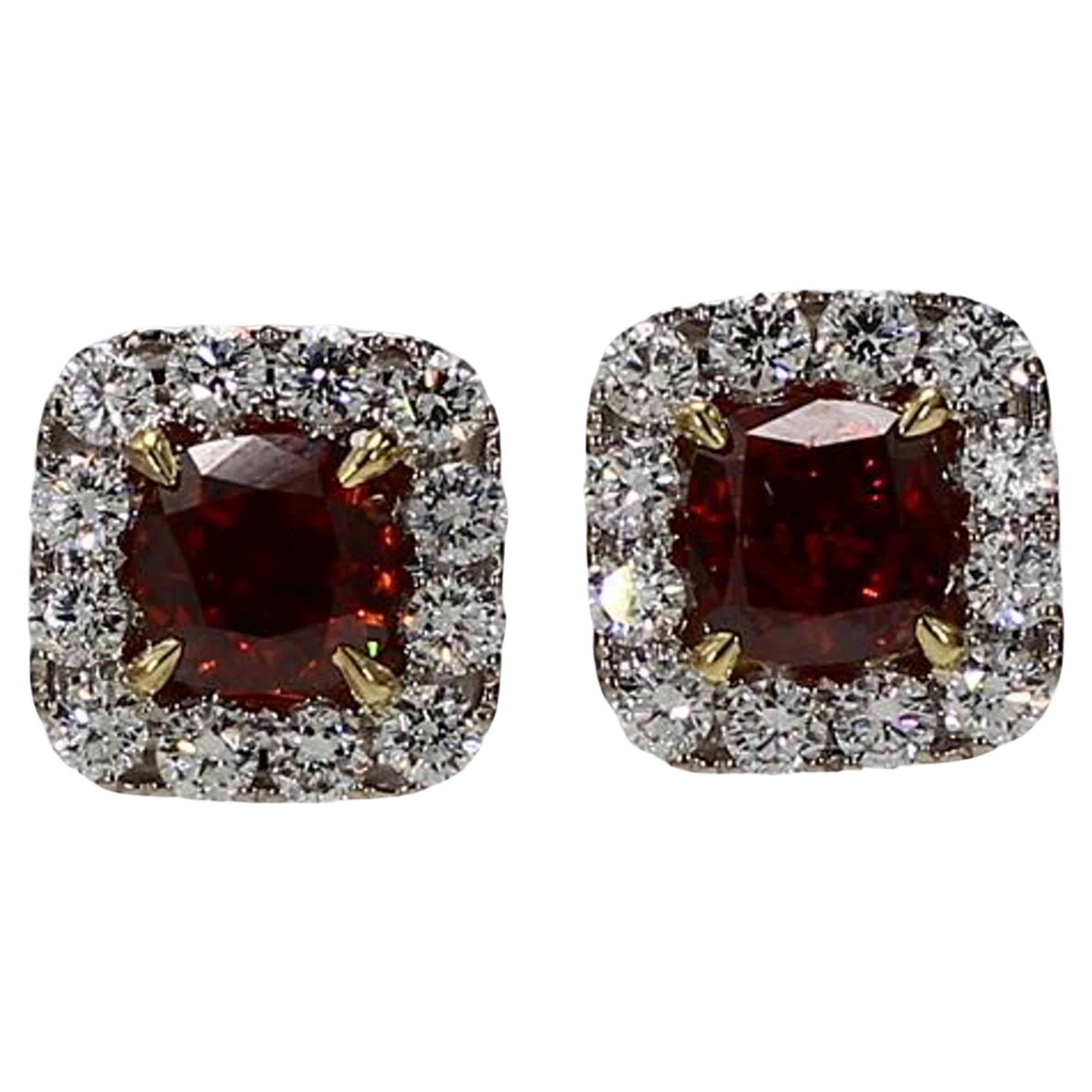 GIA Certified Natural Orange Cushion Diamond 2.87 Carat TW Gold Stud Earrings