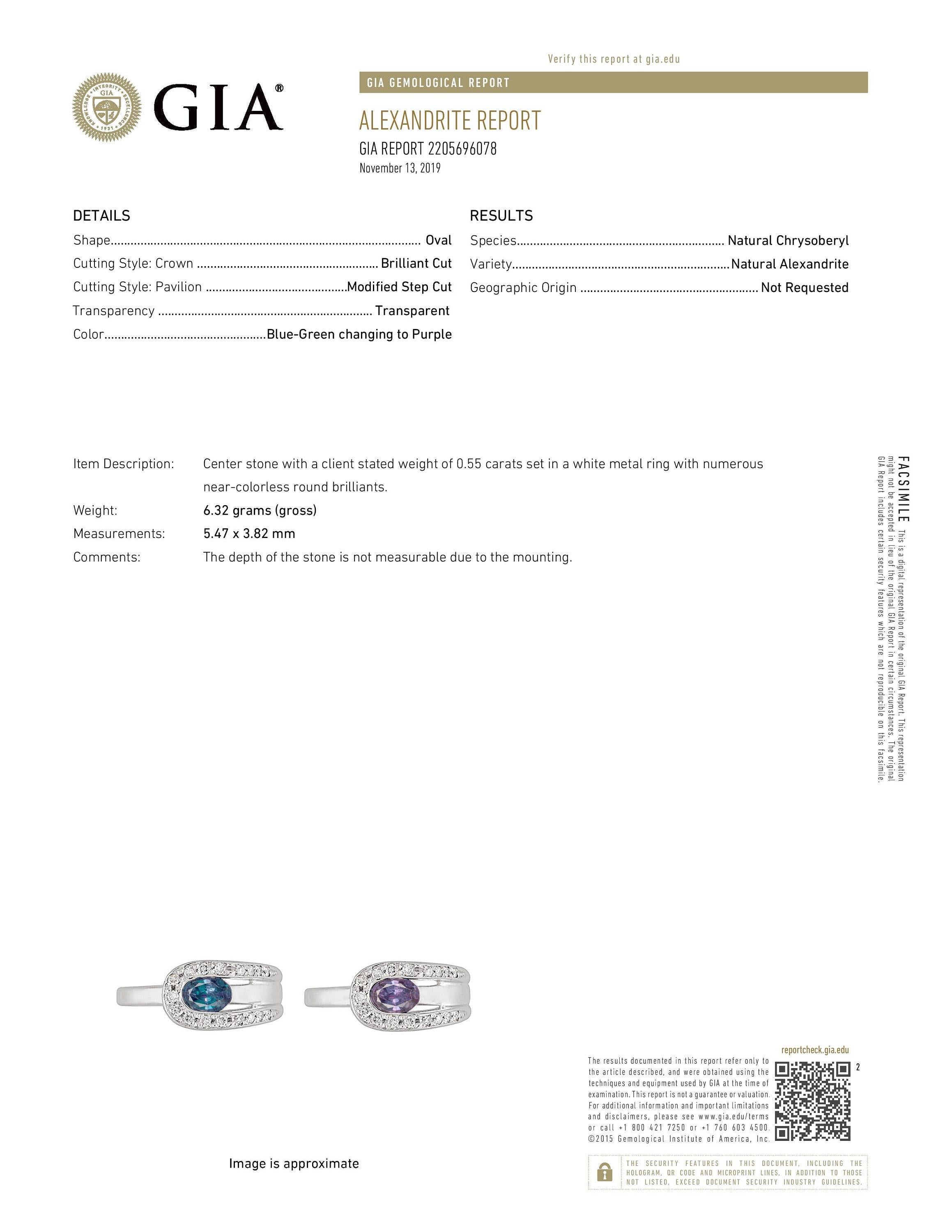 Oval Cut GIA Certified Natural Oval 0.55CT Alexandrite & Diamond Platinum Ring For Sale