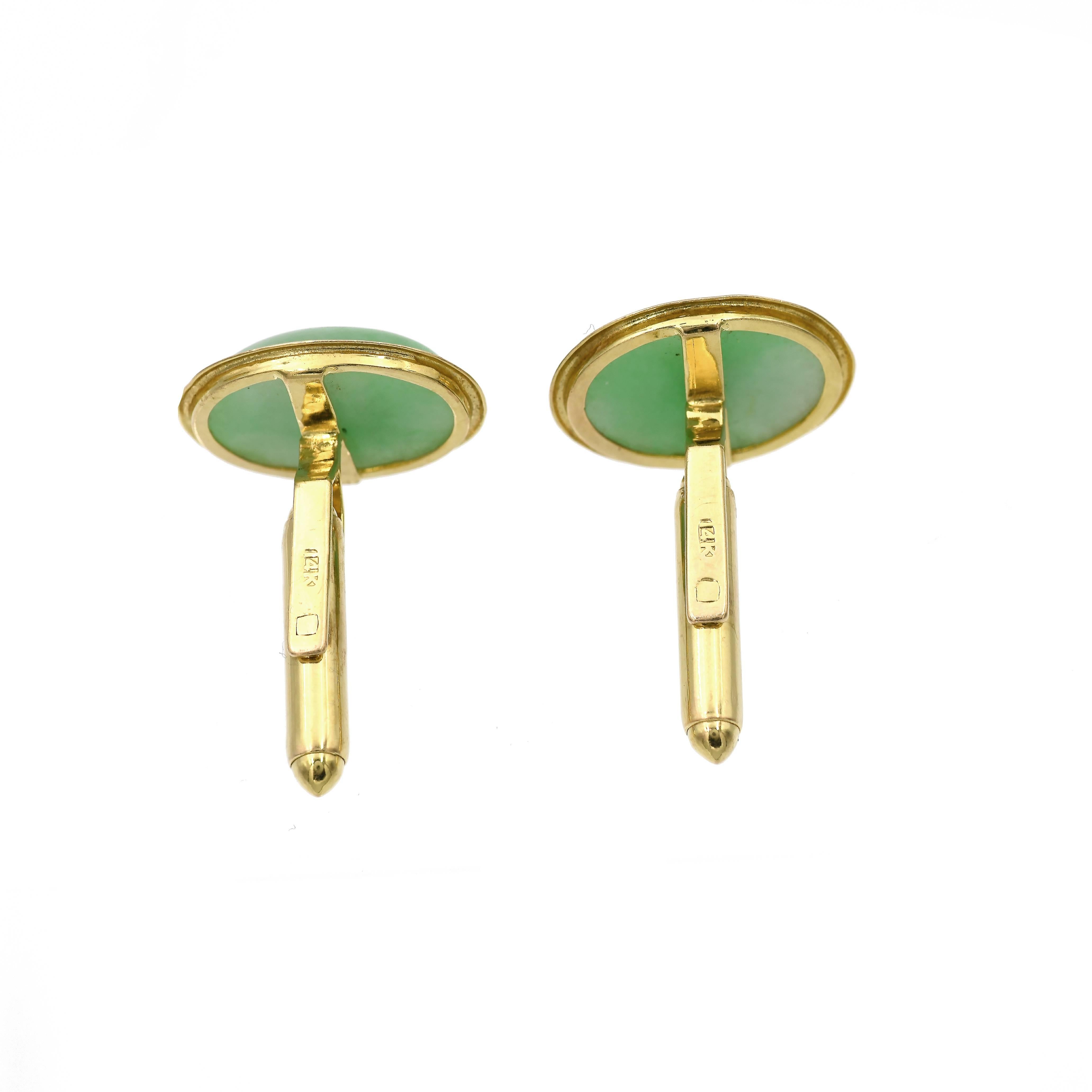 Men's GIA Certified Natural Oval Green Jadeite Jade Yellow Gold Cufflinks