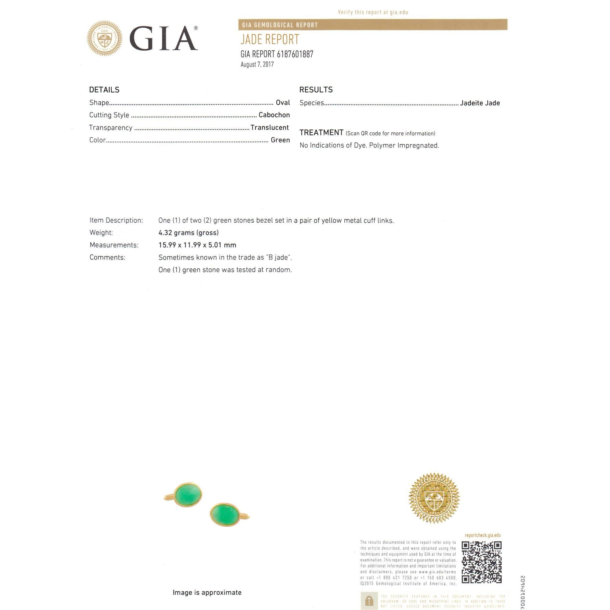 GIA Certified Natural Oval Green Jadeite Jade Yellow Gold Cufflinks 1