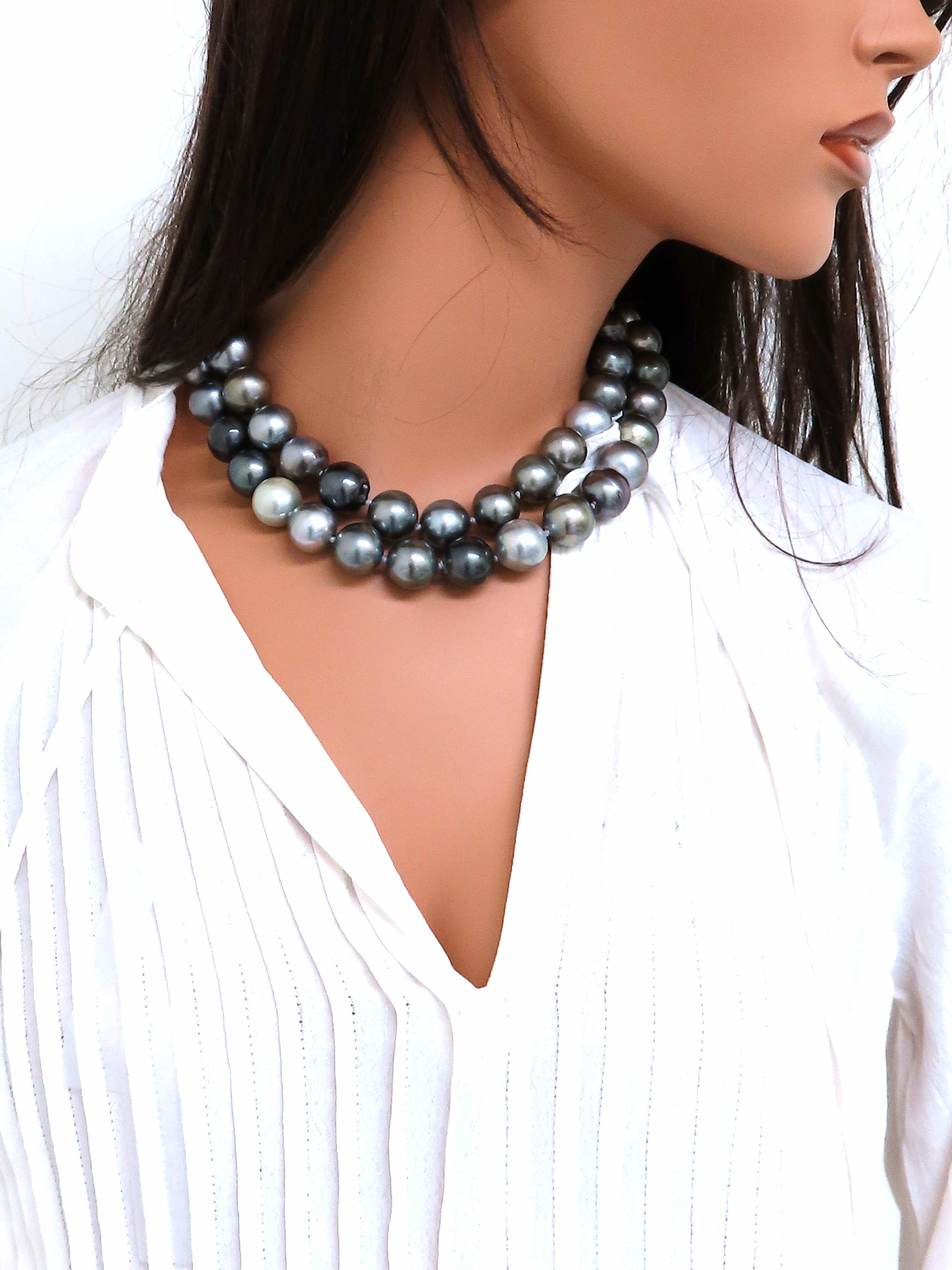 GIA Certified Natural Peacock Tahitian Pearls Necklace Double Wrap In New Condition In New York, NY