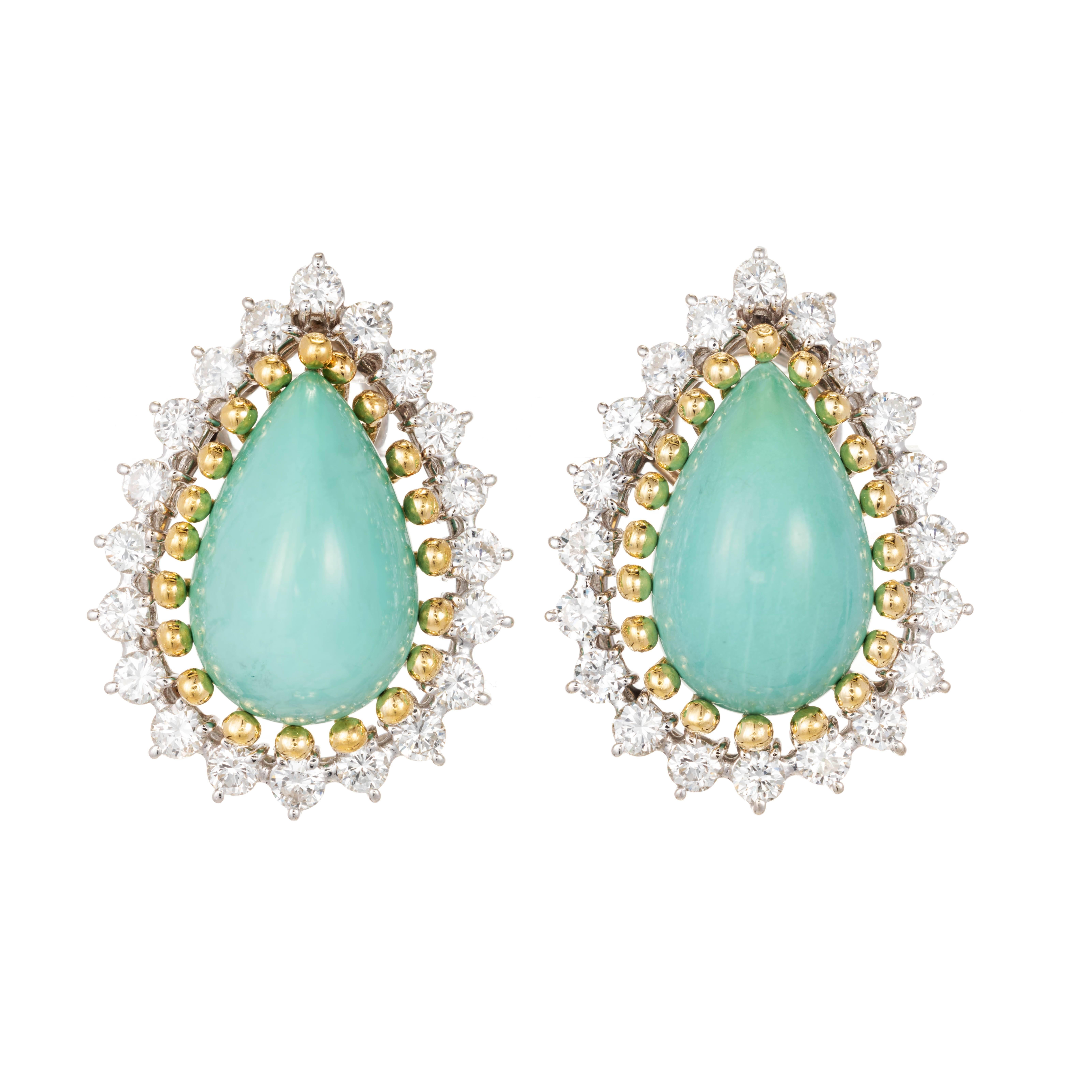 Boucles d'oreilles en or avec halo de diamants et turquoises naturelles en forme de poire certifiées GIA