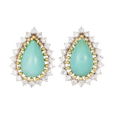 GIA Certified Natural Pear Turquoise Diamond Halo Gold Earrings