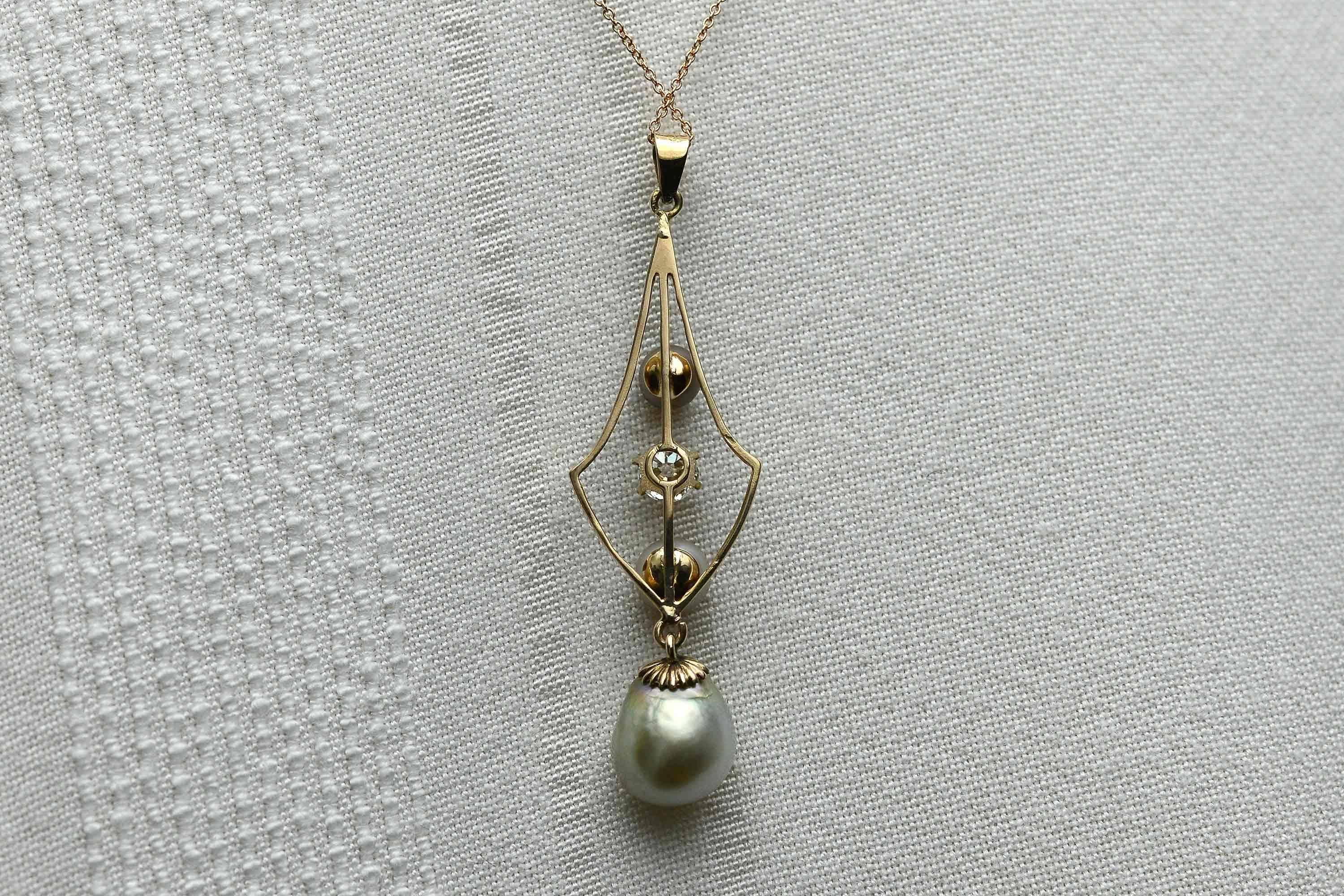 GIA Certified Natural Pearl Diamond Antique Pendant Drop Necklace Art Nouveau In Good Condition In Santa Barbara, CA