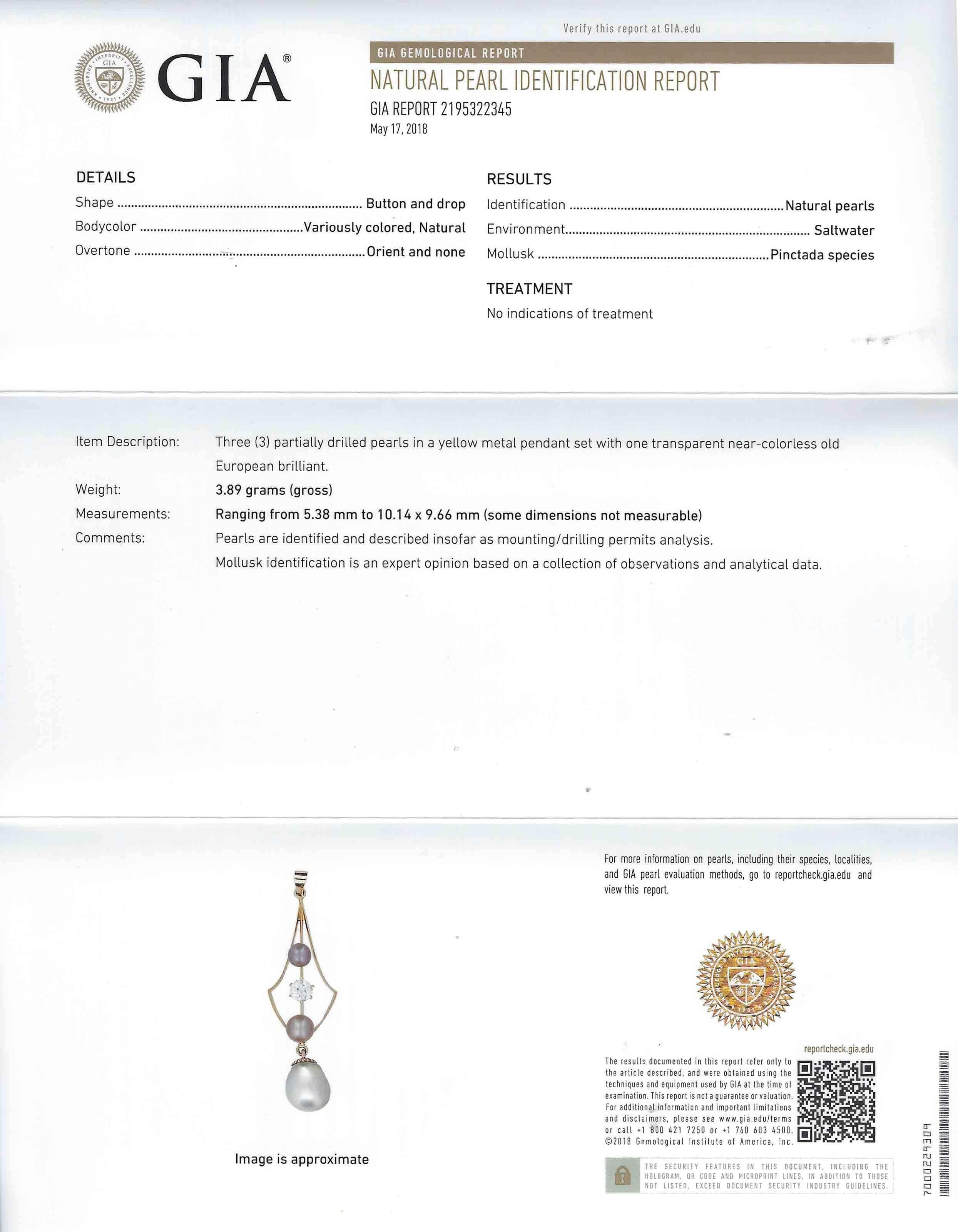 GIA Certified Natural Pearl Diamond Antique Pendant Drop Necklace Art Nouveau 1