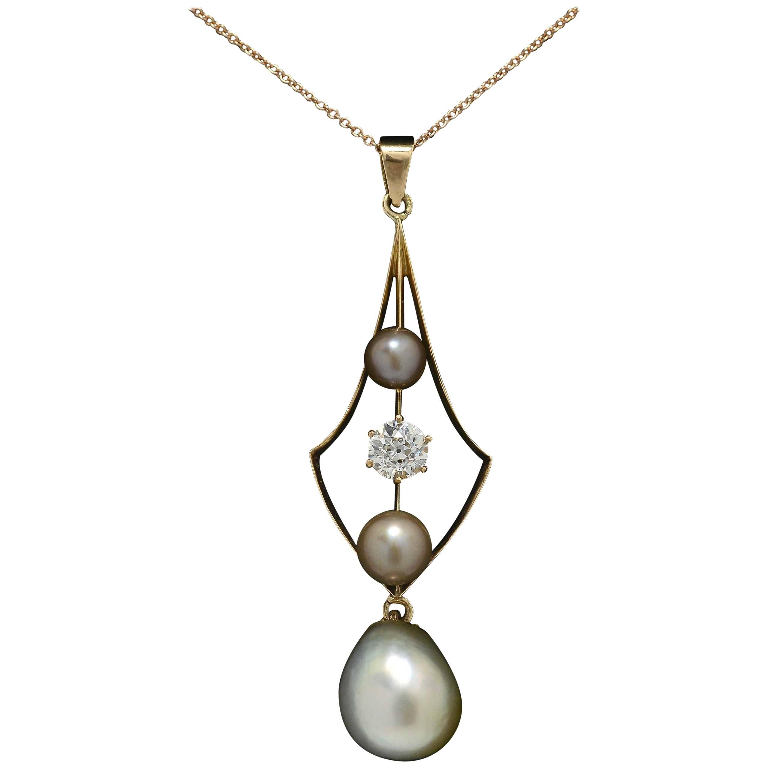 GIA Certified Natural Pearl Diamond Antique Pendant Drop Necklace Art Nouveau