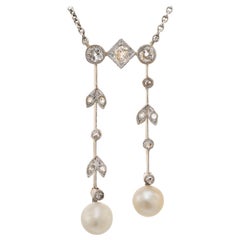 GIA Certified Natural Pearl Diamond Double Dangle Gold Silver Pendant Necklace