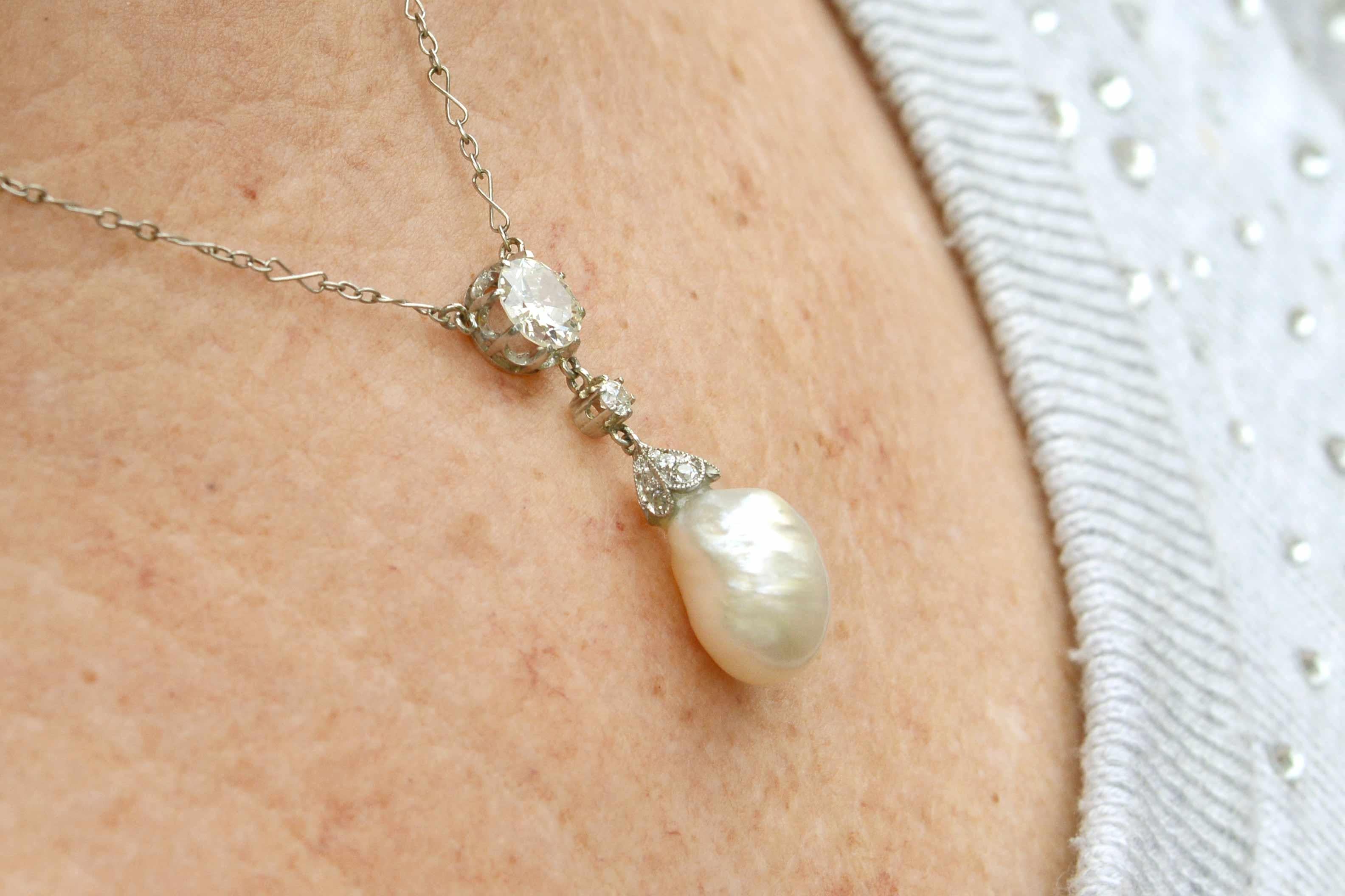 Belle Époque GIA Certified Natural Pearl Diamond Pendant Drop Necklace Antique Belle Epoque