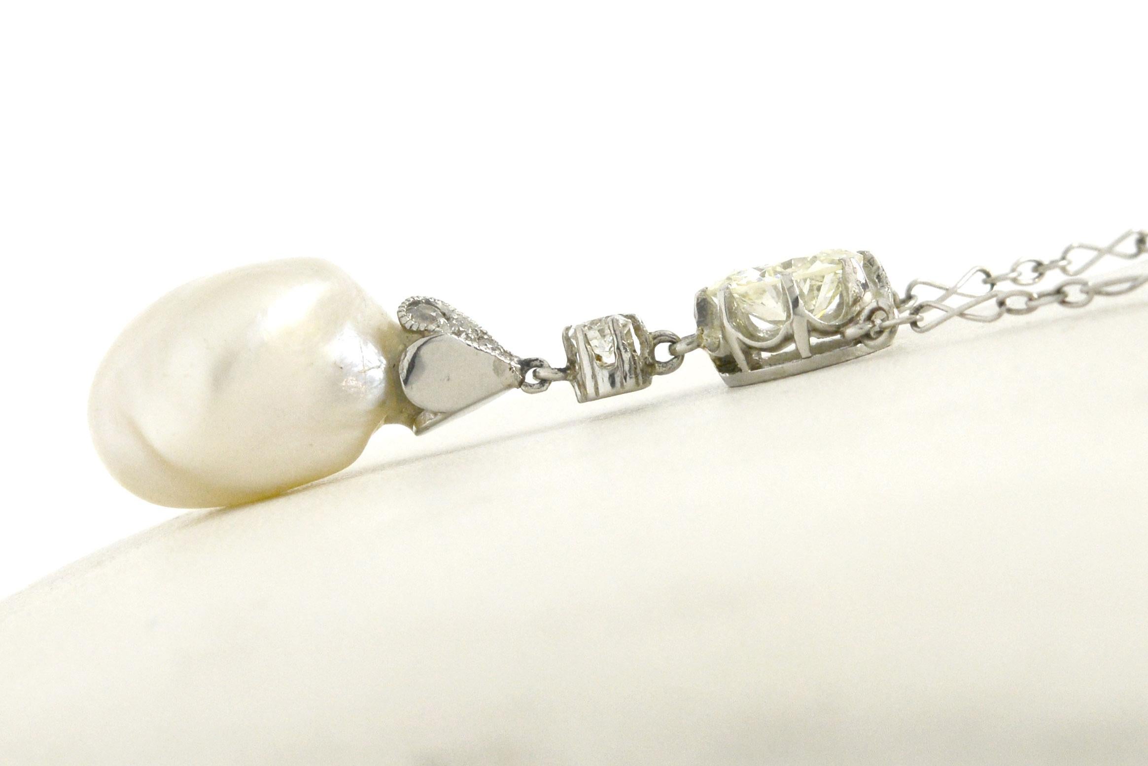 Old European Cut GIA Certified Natural Pearl Diamond Pendant Drop Necklace Antique Belle Epoque