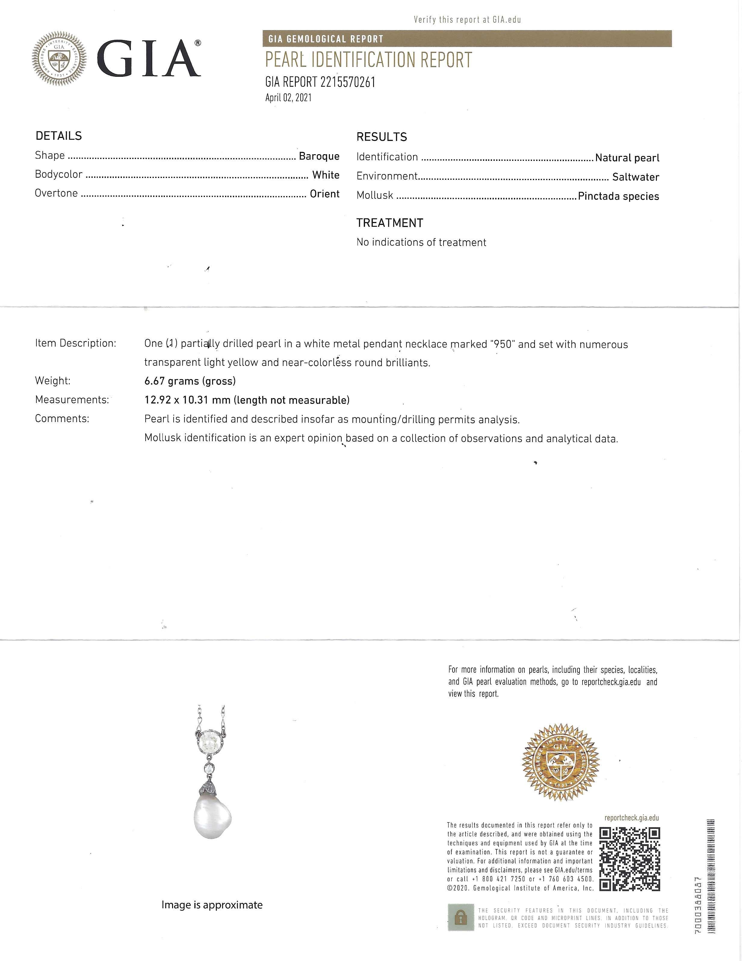 GIA Certified Natural Pearl Diamond Pendant Drop Necklace Antique Belle Epoque In Good Condition In Santa Barbara, CA