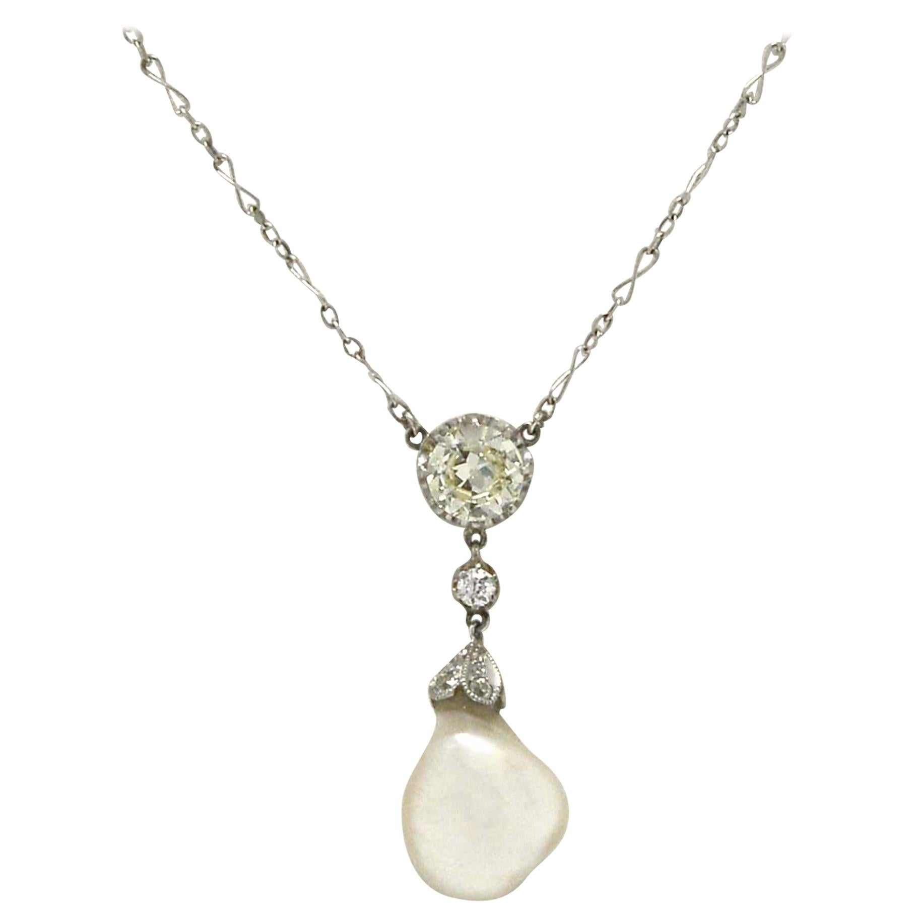 GIA Certified Natural Pearl Diamond Pendant Drop Necklace Antique Belle Epoque