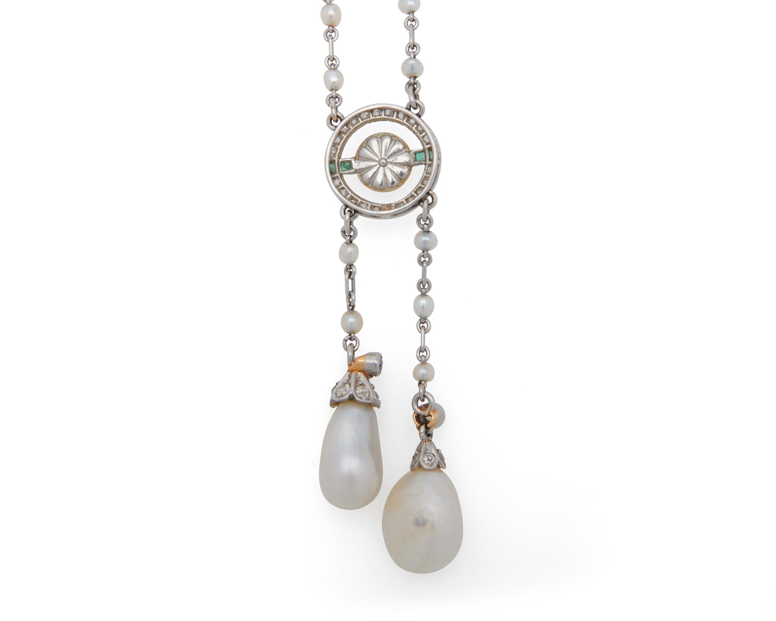 Square Cut GIA Certified Natural Pearl Emerald Diamond Platinum Lariat Necklace For Sale