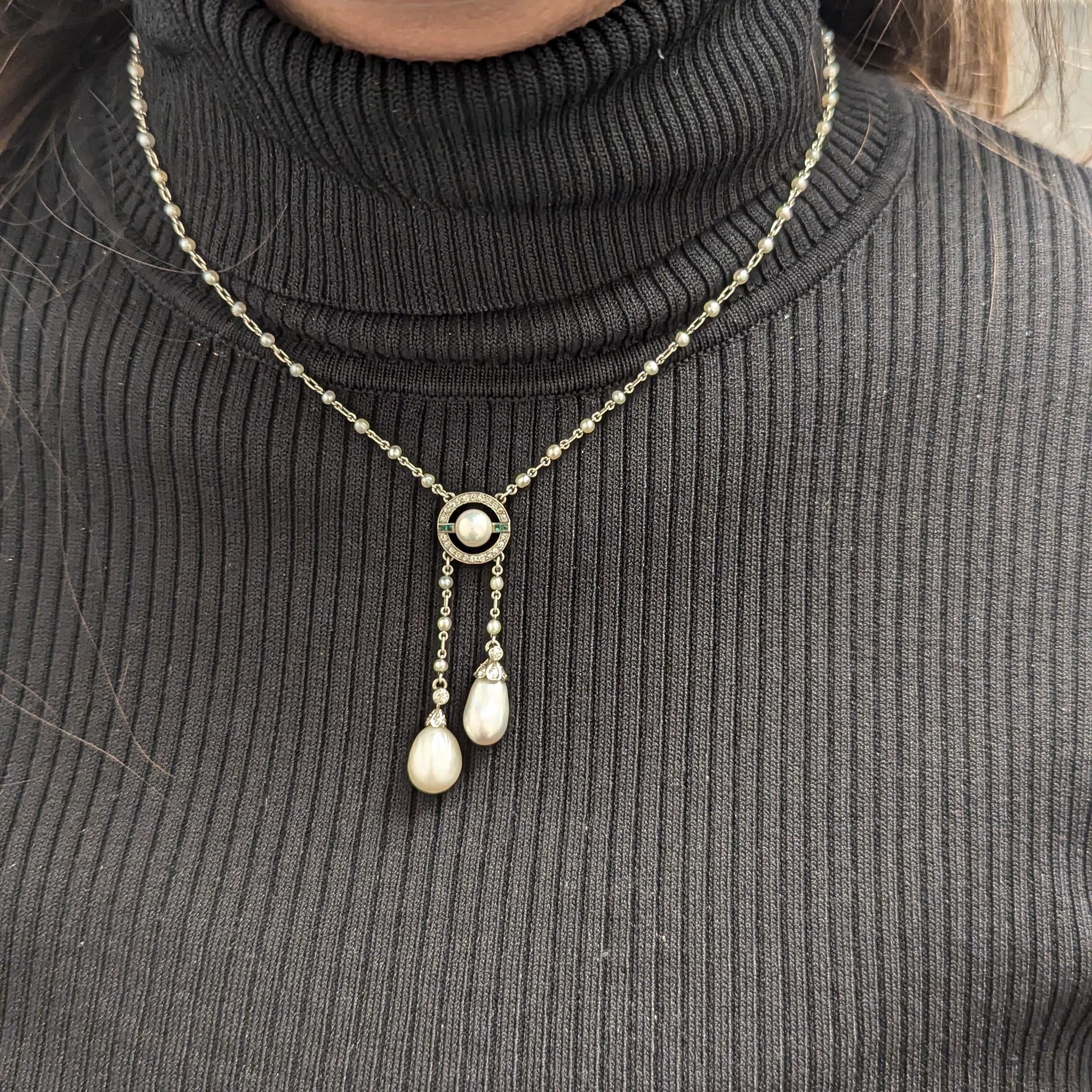 Women's GIA Certified Natural Pearl Emerald Diamond Platinum Lariat Necklace For Sale