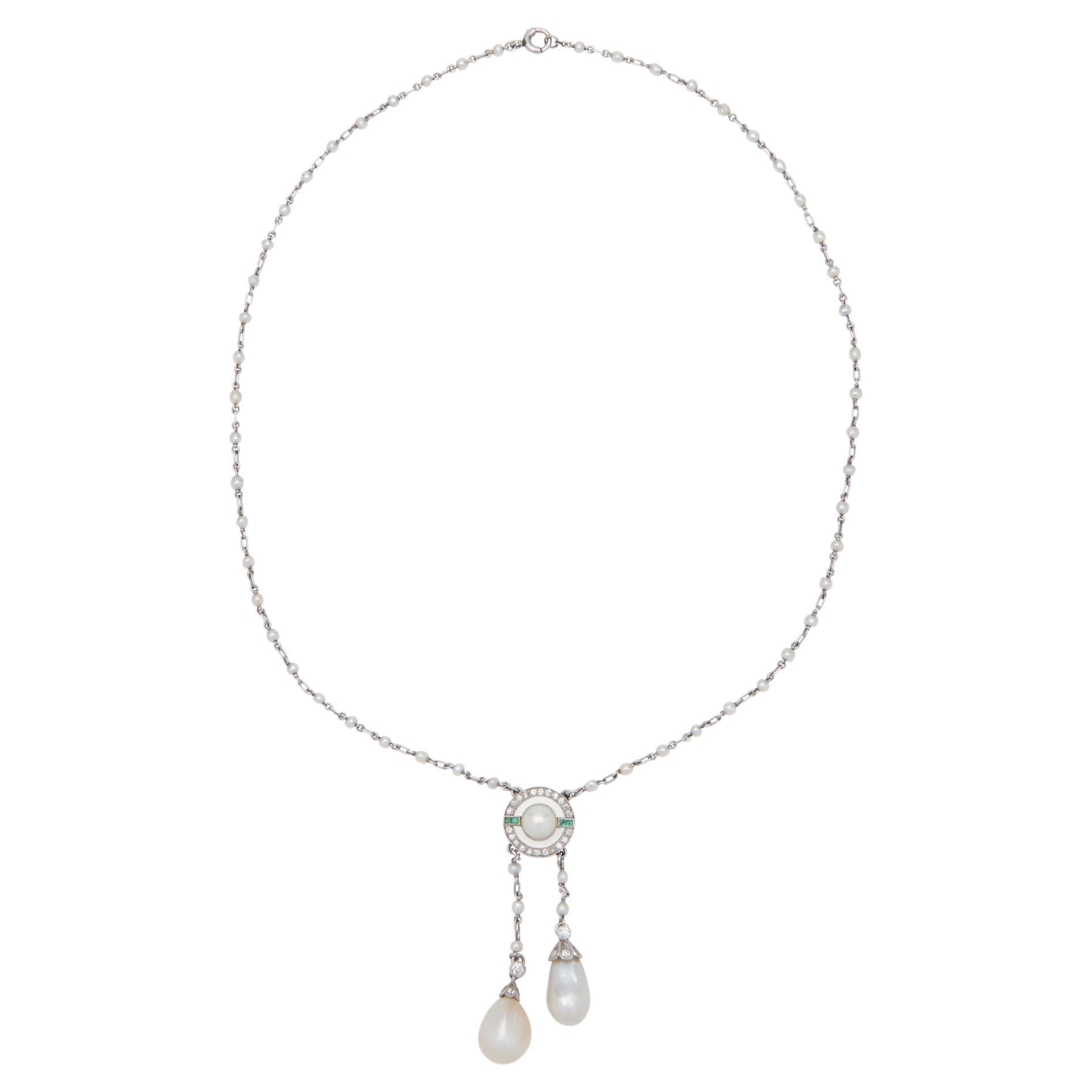 GIA Certified Natural Pearl Emerald Diamond Platinum Lariat Necklace