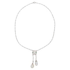GIA Certified Natural Pearl Emerald Diamond Platinum Lariat Necklace