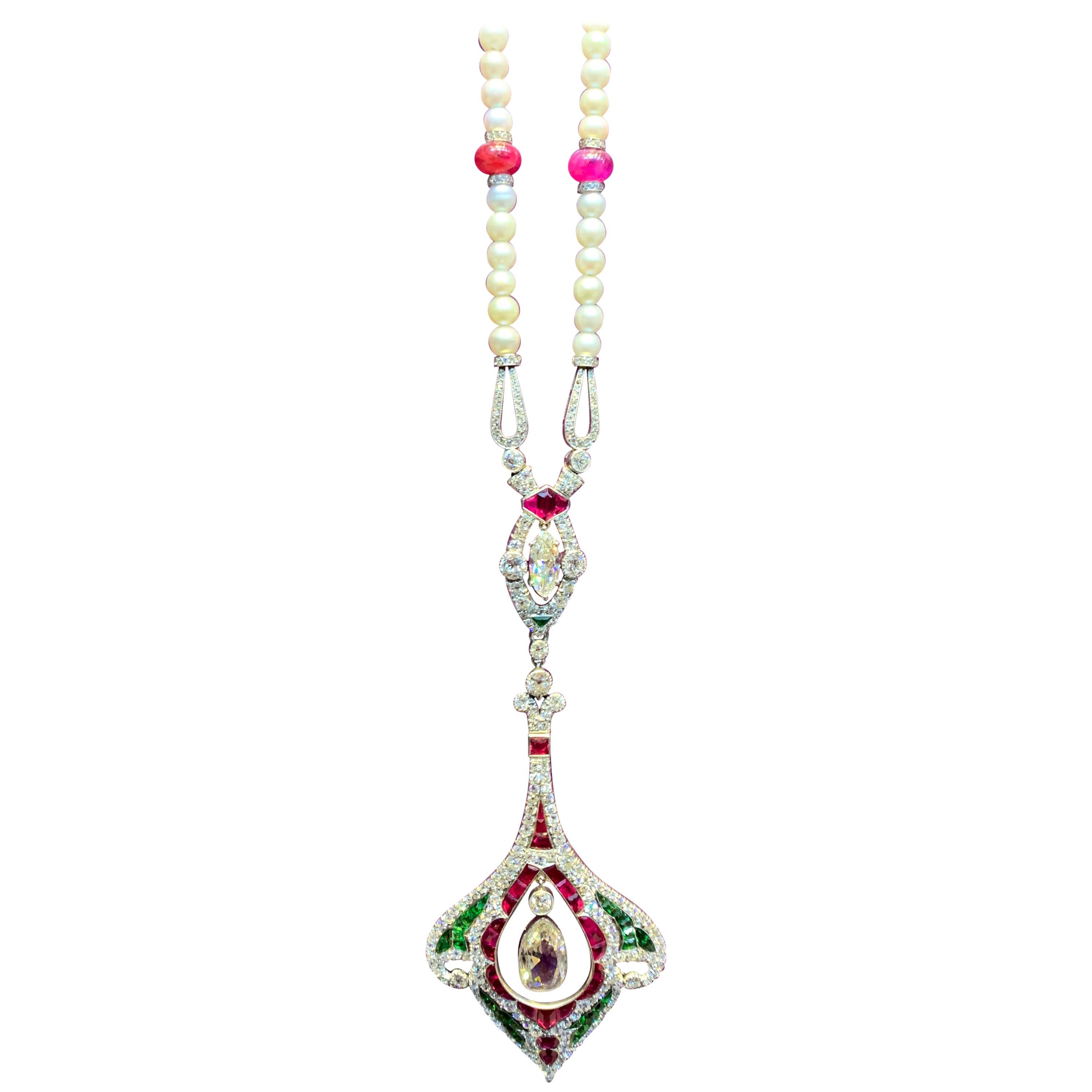 GIA Certified Natural Pearl, Multi Gem & Diamond Sautoir Necklace
Diamond Weight:  Center Marquise diamond weighs approx 2.1 cts 
Set with Rubies, antique cut diamonds, demantoid garnets, & a large rose cut diamond
Length: 24
