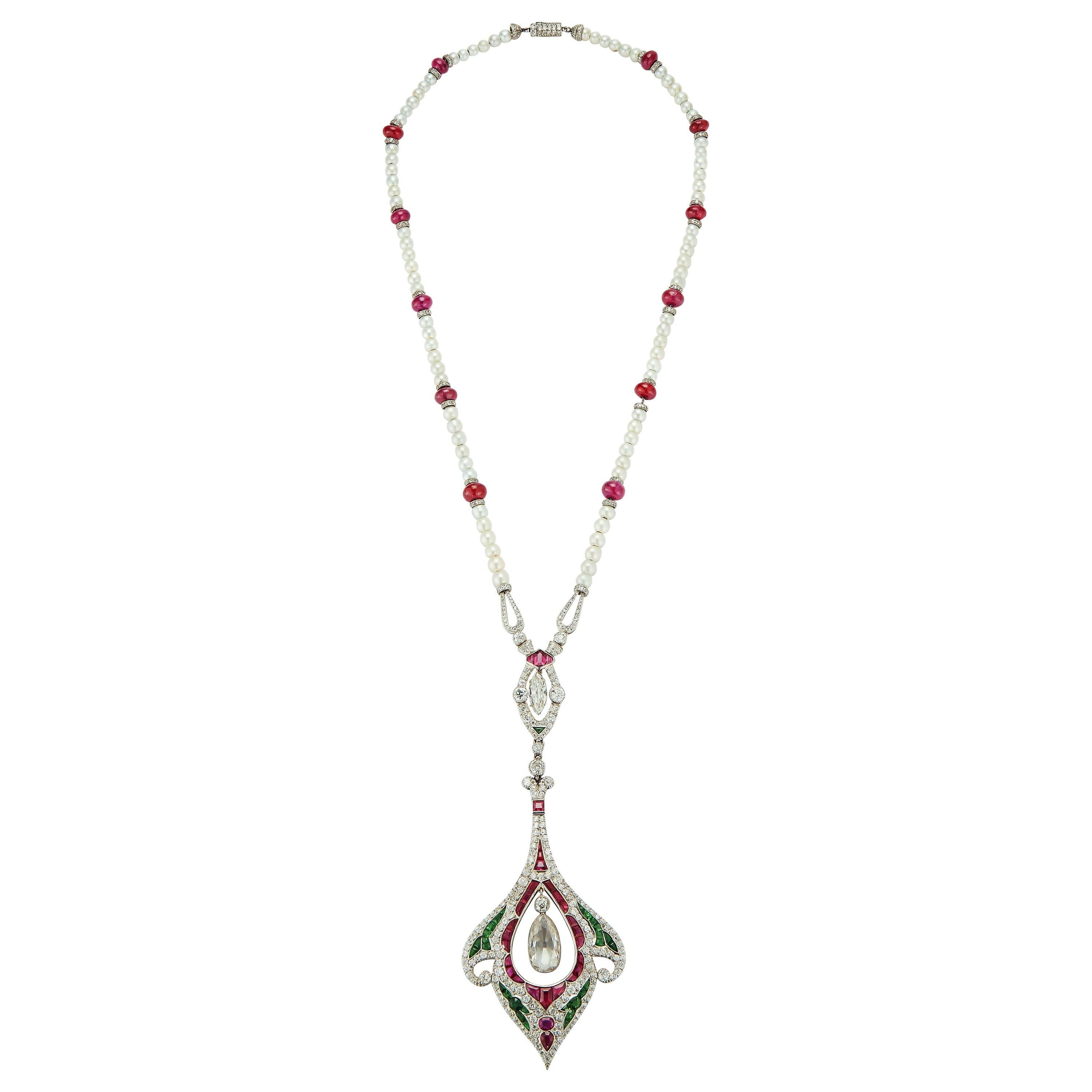 GIA Certified Natural Pearl, Multi Gem and Diamond Sautoir Necklace