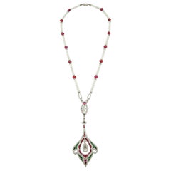 GIA Certified Natural Pearl, Multi Gem and Diamond Sautoir Necklace