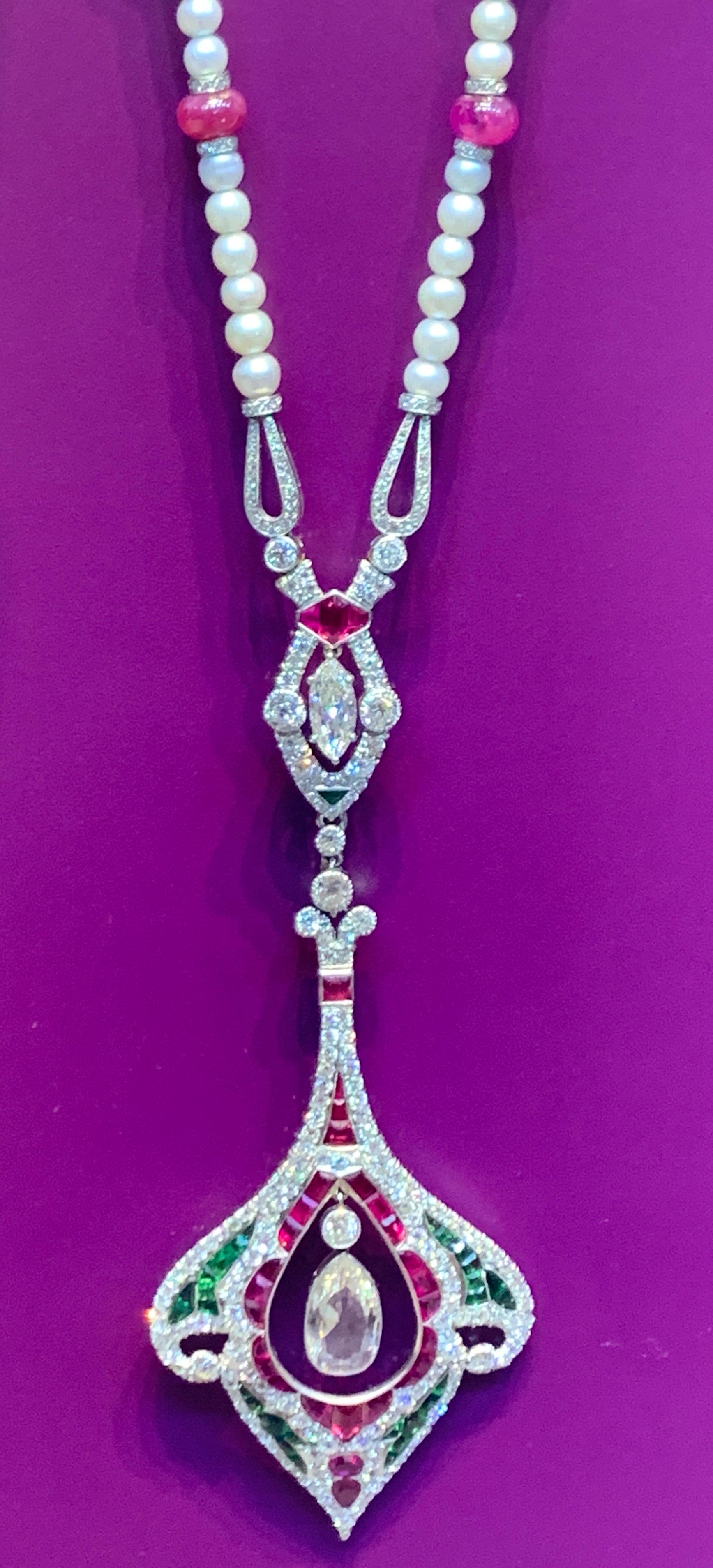 GIA Certified Natural Pearl, Multi Gem and Diamond Sautoir Necklace In Excellent Condition In New York, NY