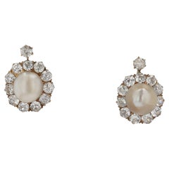 Pendientes de Diamantes Antiguos Victorianos con Perla Natural Certificada GIA