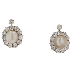 GIA Certified Natural Pearl Victorian Antique Diamond Earrings