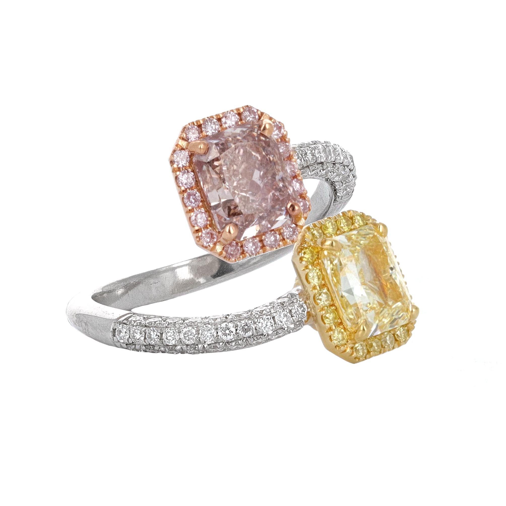 GIA Certified, Pink and Yellow radiant cut diamond bypass ring. The ring is made with 18 karat yellow gold, 18 karat white gold and 18 karat rose gold.

GIA describes the center stones as follows;
The weight is 1.29 ct. Fancy Pink Brown cut cornered