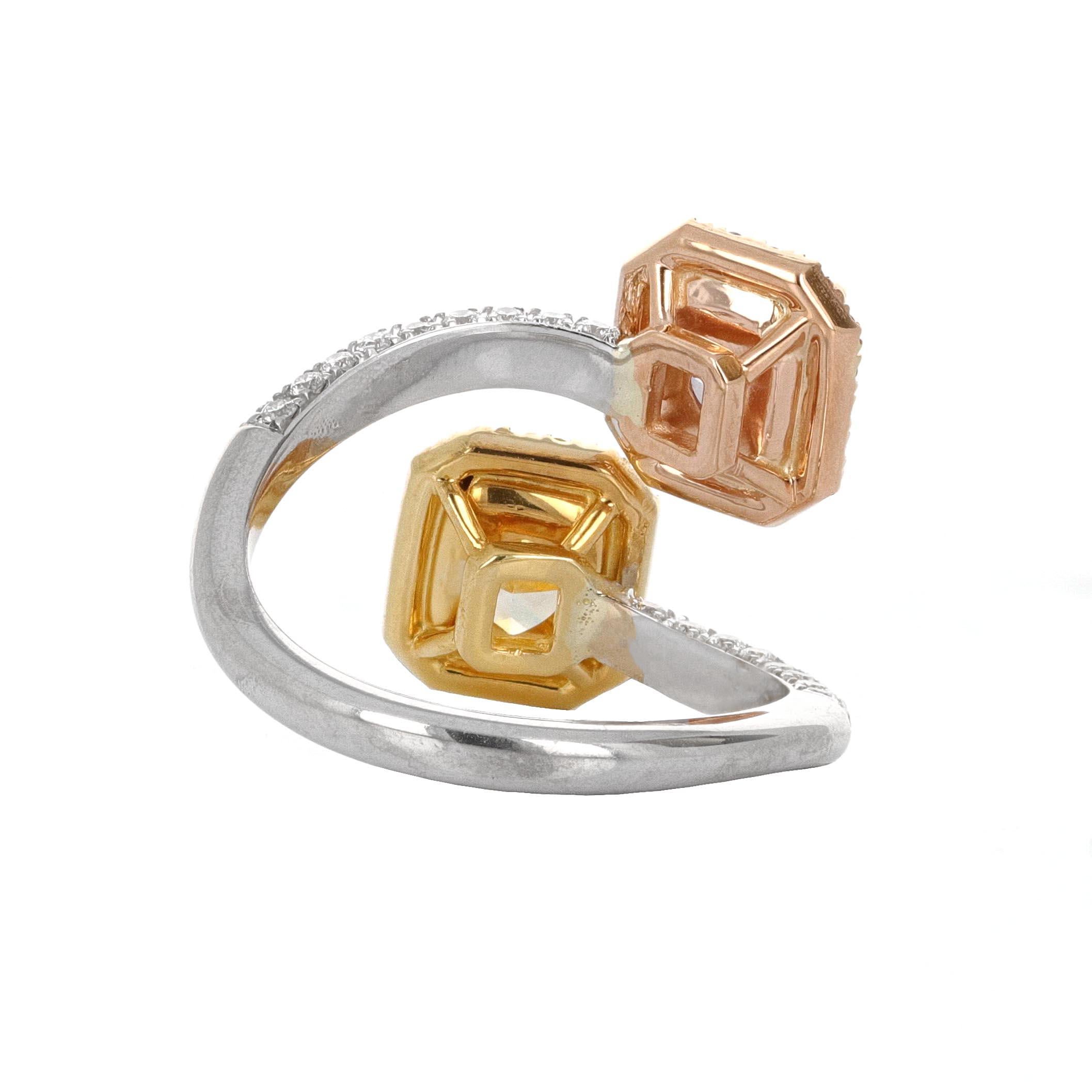 Radiant Cut GIA Certified Natural Pink and Yellow Diamond Bypass Ring