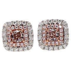 GIA Certified Natural Pink Cushion and White Diamond 1.36 Carat TW Gold Earrings