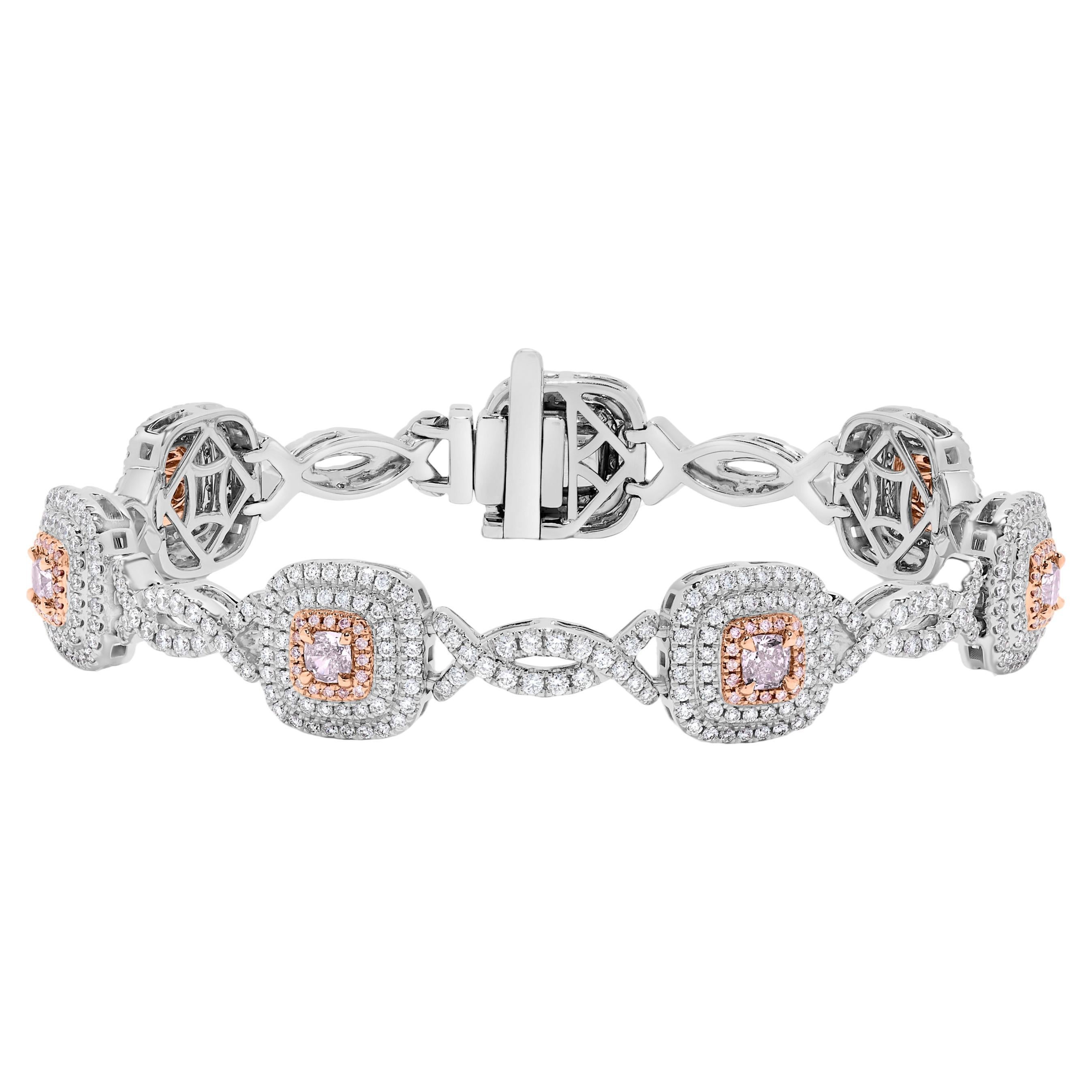 Bracelet en or certifié GIA avec diamants blancs et coussin roses de 5,04 carats poids total