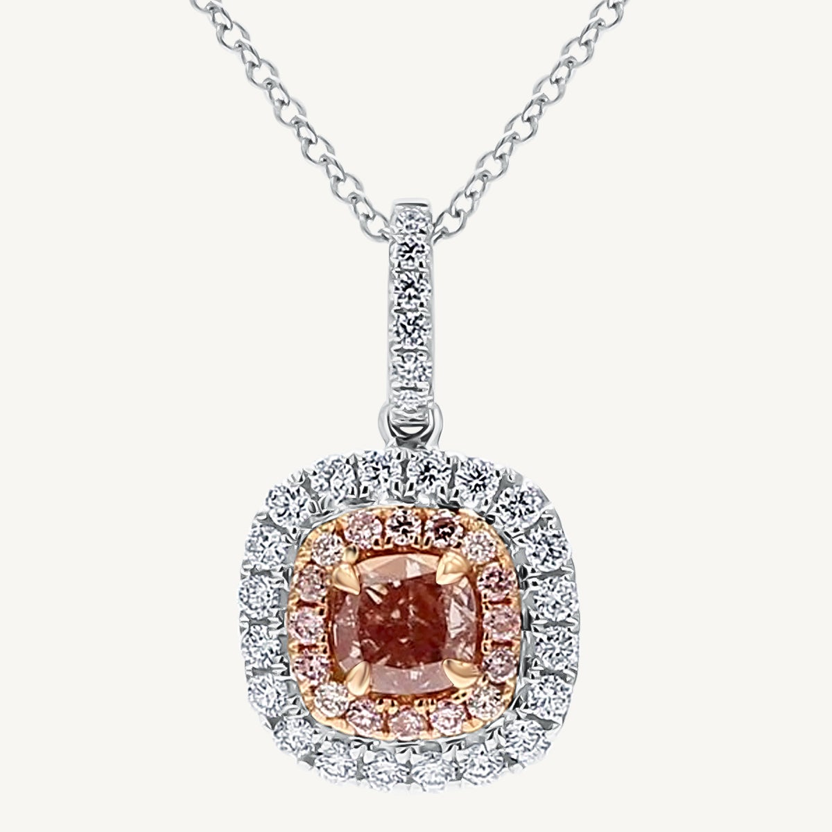 GIA Certified Natural Pink Cushion and White Diamond .93 Carat TW Gold Pendant For Sale
