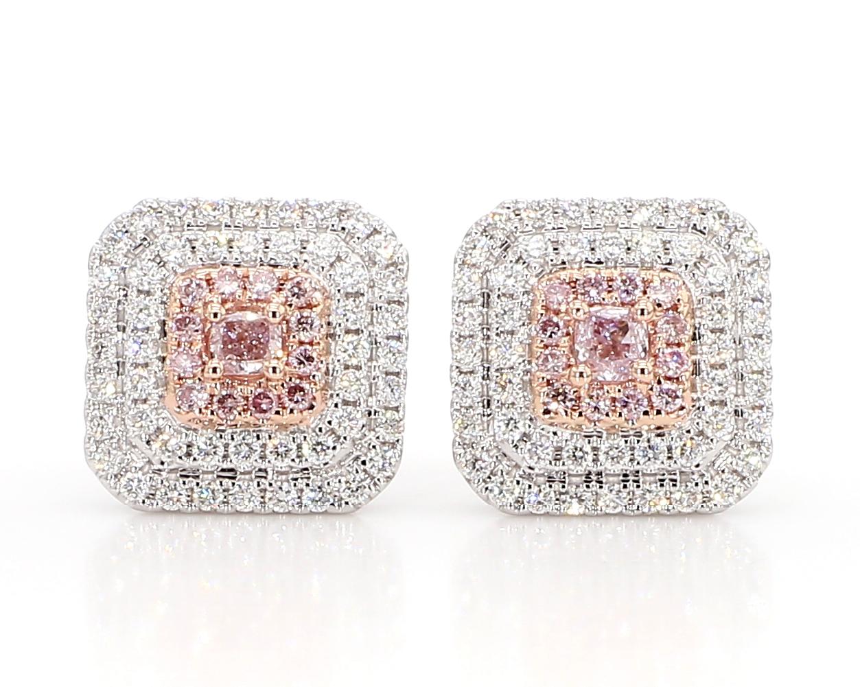 RareGemWorld's classic GIA certified diamond earrings. Mounted in a beautiful 18K Rose and White Gold setting with natural cushion cut pink diamonds. The pink diamonds are surrounded by round natural pink diamond melee and round natural white