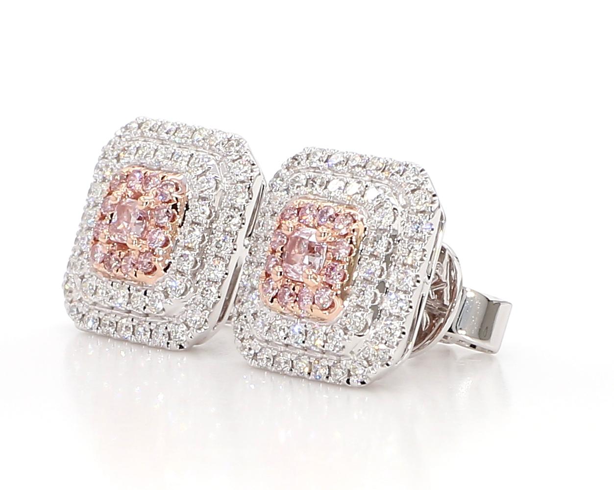 Contemporary GIA Certified Natural Pink Cushion Diamond 1.10 Carat TW Gold Stud Earrings For Sale