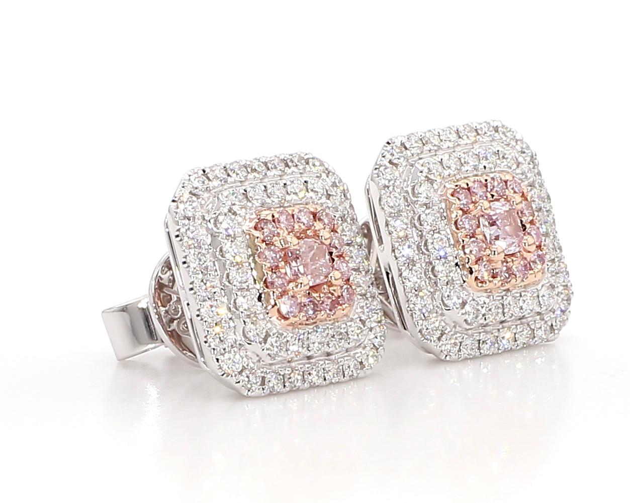 GIA Certified Natural Pink Cushion Diamond 1.10 Carat TW Gold Stud Earrings For Sale 3