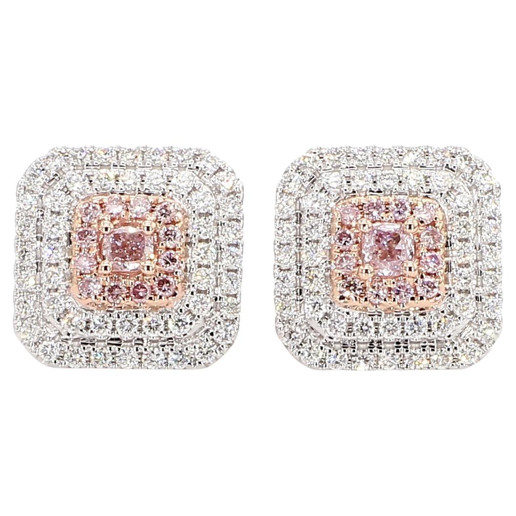 GIA Certified Natural Pink Cushion Diamond 1.10 Carat TW Gold Stud Earrings For Sale