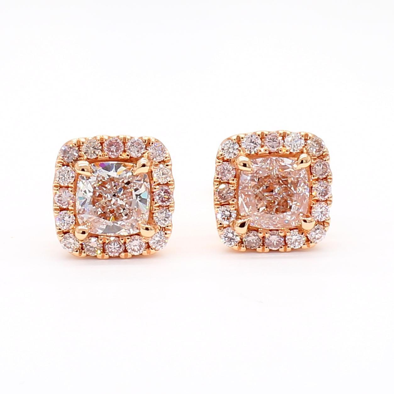 Contemporary GIA Certified Natural Pink Cushion Diamond 1.74 Carat TW Gold Stud Earrings For Sale